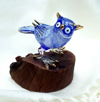 Blue OWL figurine hand blown ART GLASS bird on natural wood base 4 inch - GIFT 3