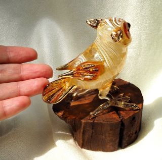 Amber Owl Figurine Hand Blown Art Glass On Natural Wood Base 4.  5 Inch - Gift