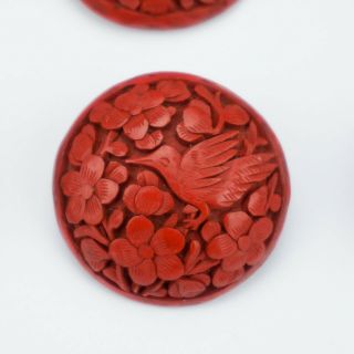 Antique Chinese Cinnabar - Bird Scene Decorated Buttons - Set of Six 2