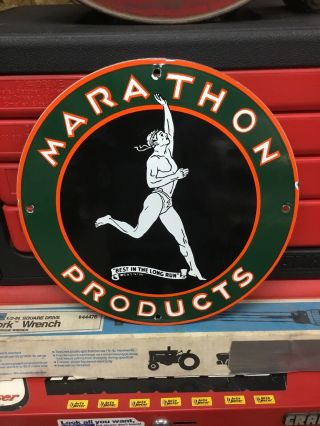 Vintage Marathon Products Metal Porcelain Gas Oil Pump Plate Sign