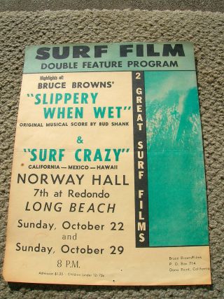 Vintage Surfing Surf Movie Poster Surfboard Bruce Brown Two Shows 1960s Surfer