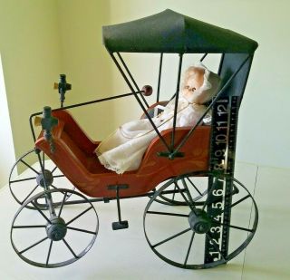 Vintage Doll Stroller Carriage Buggy Wood Metal Cloth - like 18 
