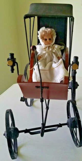 Vintage Doll Stroller Carriage Buggy Wood Metal Cloth - like 18 