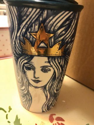 Starbucks Limited Edition Rare Blue Ceramic Mermaid Hot Tumbler Wavy Gold Leaf