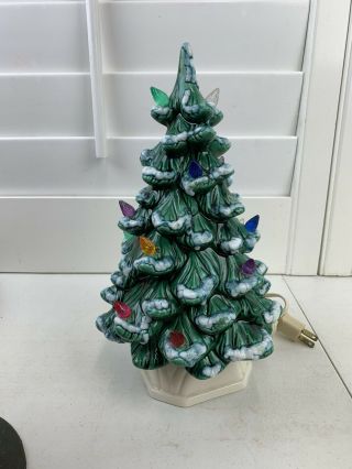 Vintage Holland Mold Green Ceramic Flocked Christmas Tree White Base