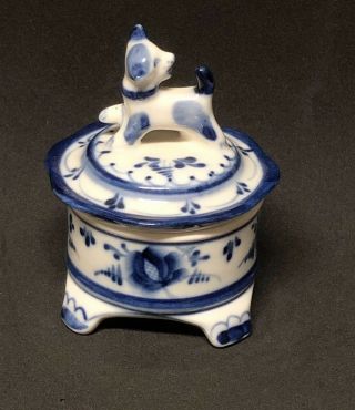 Porcelain Defat Gzhel Dog Round Footed Sturgeon Caviar Bowl Trinket Box - Russia