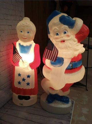 Vintage Union Christmas July 4th Patriotic Mr & Mrs Santa Claus Blow Mold 44 - 42”