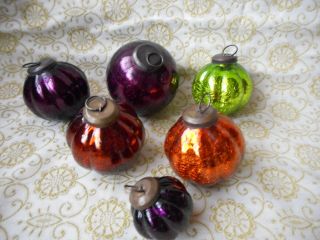 Six Crackle Glass Christmas Ornaments Kugel Style Amethyst Lime Green Amber Vtg