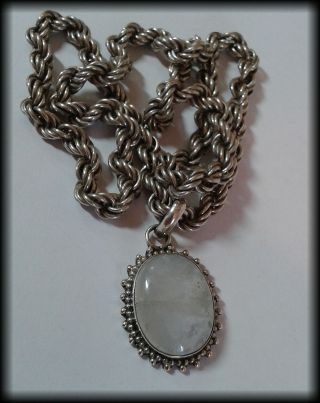 Vintage 925 Solid Silver And Moonstone Cabochon Thick,  Heavy Rope Chain Necklace