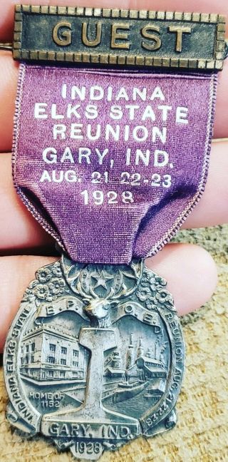 Rare Vintage 1928 Gary Indiana Bpoe Elks Scenic Fraternal Ribbon Badge Pin