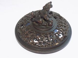 Antique Chinese Cast Bronze Censer Cover Kylin Foo Temple Dog Finial 79 Mm Dia