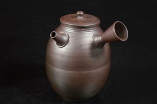 U6439: Japanese Banko - ware Brown pottery TEAPOT Kyusu Sencha,  auto w/signed box 2