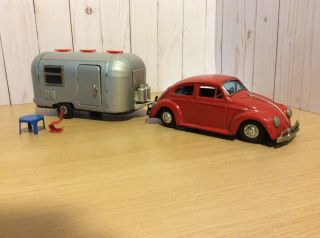 Bandai Volkswagen Beetle & Airstream Trailer Japan Tin Toy Vintage 1960’s