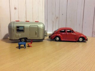 Bandai Volkswagen Beetle & Airstream Trailer Japan Tin Toy Vintage 1960’s 2