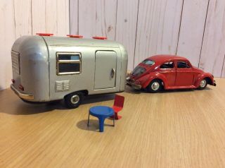 Bandai Volkswagen Beetle & Airstream Trailer Japan Tin Toy Vintage 1960’s 3