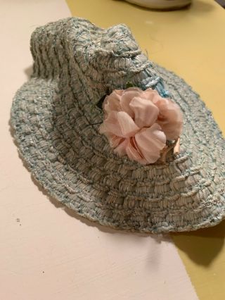 Vintage 1950s Madame Alexander Cissy Doll Straw Hat With Flowers Pale Aqua Blue