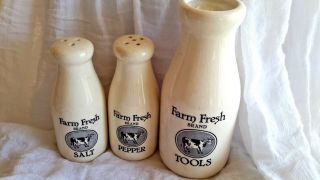 Farm Fresh Tools Vintage Salt Pepper Milk Bottle Vintage Ceramic Advertising