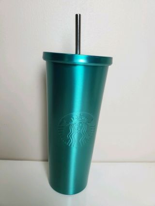 Starbucks Cold Cup 24oz Stainless Steel Straw Shinny Teal Green Color