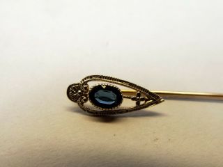 Vtg 10K White & Yellow Gold Blue Sapphire Stick Hat Lapel Pin Estate Art Deco 3