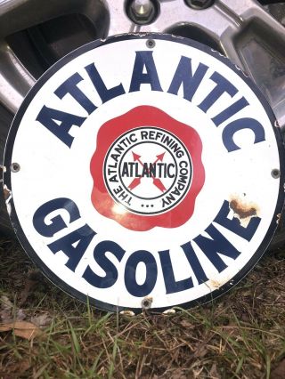Vintage Atlantic Gasoline Porcelain Sign Gas Oil Can