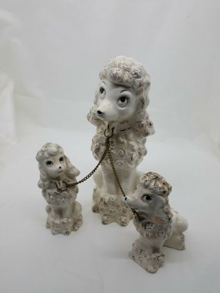 Vintage White Spaghetti Poodle With Two Puppies Porcelain