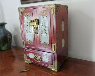 Old Chinese Hand Carved Jade Brass Wood Jewelry Box Chest Cabinet W/lock