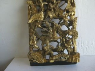Fine Old Chinese Hand Carved Wood Gold Gilt Battle Relief Wall Panel Plaque BIG 3