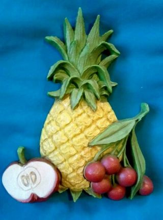 Vintage Wall Plaque Plastic Kitchen Fruits 3 - D Pineapple Cherry Apple (homco?)