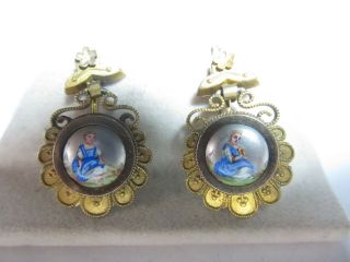 Victorian Drop Gold Filled Enamel Earrings With Woman And Child