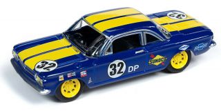 1/64 Johnny Lightning Muscle Cars 1962 Chevrolet Corvair In Blue With Yellow Str