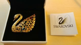 Swarovski Swan Signed Gold Tone Multi - Colored Crystals 100th Anniversary Brooch