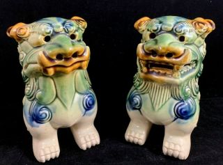 Chinese Antique Green Brown And Blue Pottery Foo Dog Statue 1 Pair
