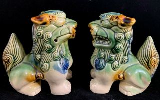 Chinese Antique Green Brown And Blue Pottery Foo Dog Statue 1 Pair 2