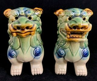Chinese Antique Green Brown And Blue Pottery Foo Dog Statue 1 Pair 3