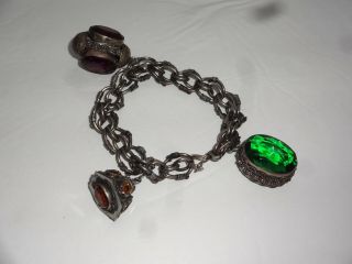 Vintage 800 Silver Etruscan Style Bracelet Chunky Glass Jewel Charms Estate Find