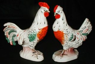 2 Vintage Czech Erphila Art Pottery Chicken Figurine Rooster Hen Czechoslovakia