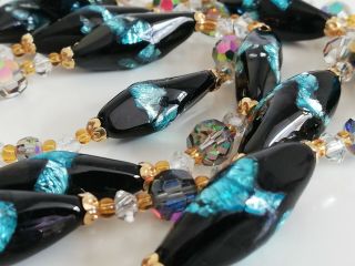 Black & Turquoise Vintage Foil Glass Bead Multi Strand Necklace Cabochon Clasp