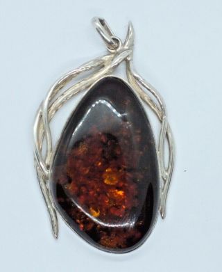 Vintage Sterling Silver And Large Baltic Amber Pendant.  58 Grams