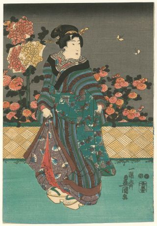 Japanese Woodblock Print Toyokuni Iii Courtesan Chrysanthemums