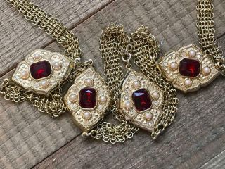 Vintage Signed Whiting And Davis Necklace Ruby Red Cab Seed Pearl Gold Tone Mesh