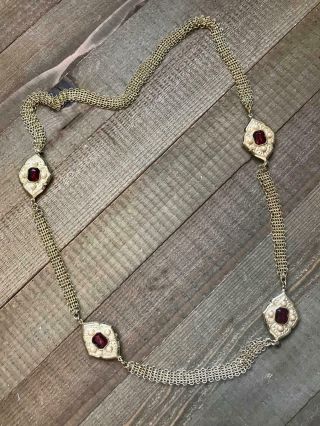 Vintage Signed Whiting and Davis Necklace Ruby Red Cab Seed Pearl Gold tone Mesh 2
