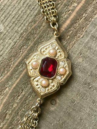 Vintage Signed Whiting and Davis Necklace Ruby Red Cab Seed Pearl Gold tone Mesh 3