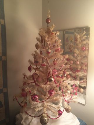 44” White Christmas Tree Pink Ornaments Santa Mercury Glass Bead Garlands Topper