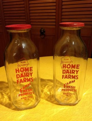2 Vintage Quart Milk Bottles Savich & Sons Home Dairy Marlton Jersey W/ Caps