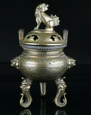 Antique Chinese Engraved Bronze Censer Incense Burner Lion Masks & Lid 19th C