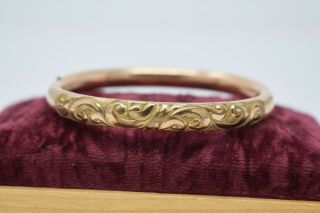 C.  1880 Repousse Victorian Rose Gold Filled Hinged Bangle Bracelet 7”