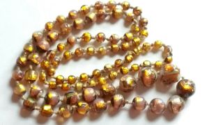 Czech Vintage Art Deco Very Long Fire Foil Hand Knotted Glass Bead Necklace