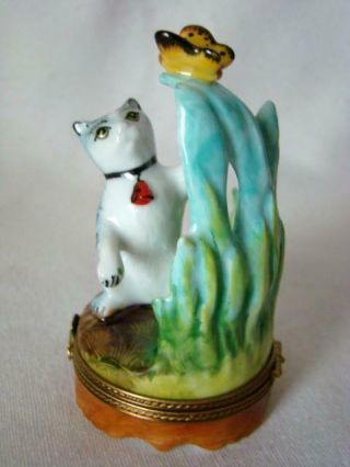 Sweet Limoges France Hand Painted Peint Main Cat Batting Butterfly Trinket Box