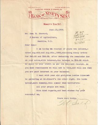 1909 Bank Of Ninety Six,  S.  C.  Letter From President W.  O.  Self