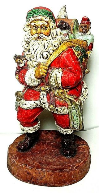 Hand Carved Wooden Wood Santa Claus Christmas Presents Elves Folk Art